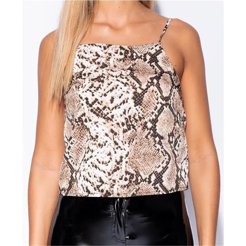 Sexy Damen Cami Spaghettiträger Top mit Schlangenmuster Braun