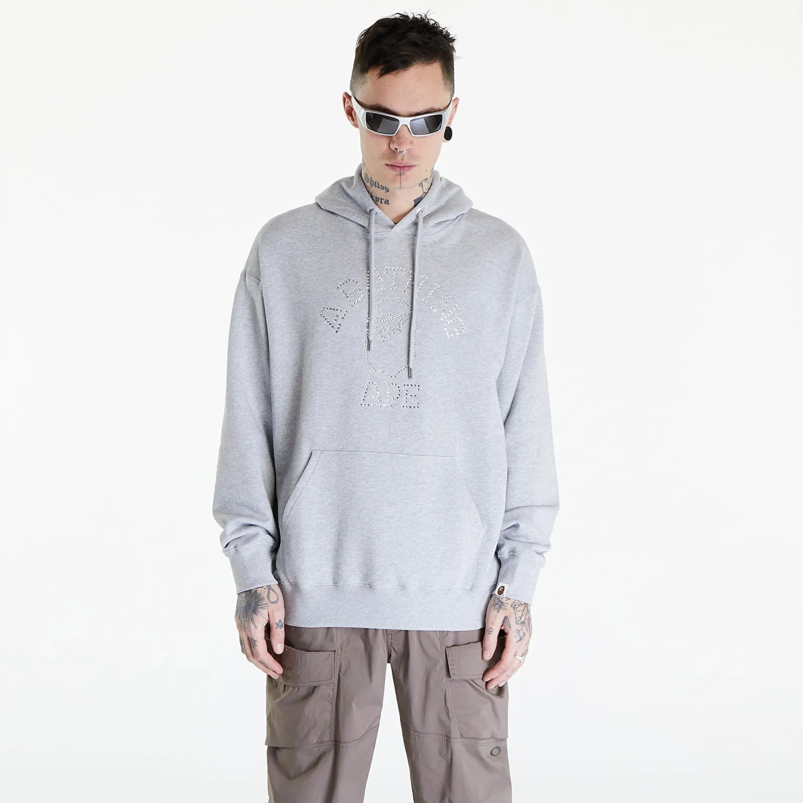 Sweatshirt BAPE A BATHING APE Rhinestone College Pullover Hoodie Gray 001PPK301306M GRA