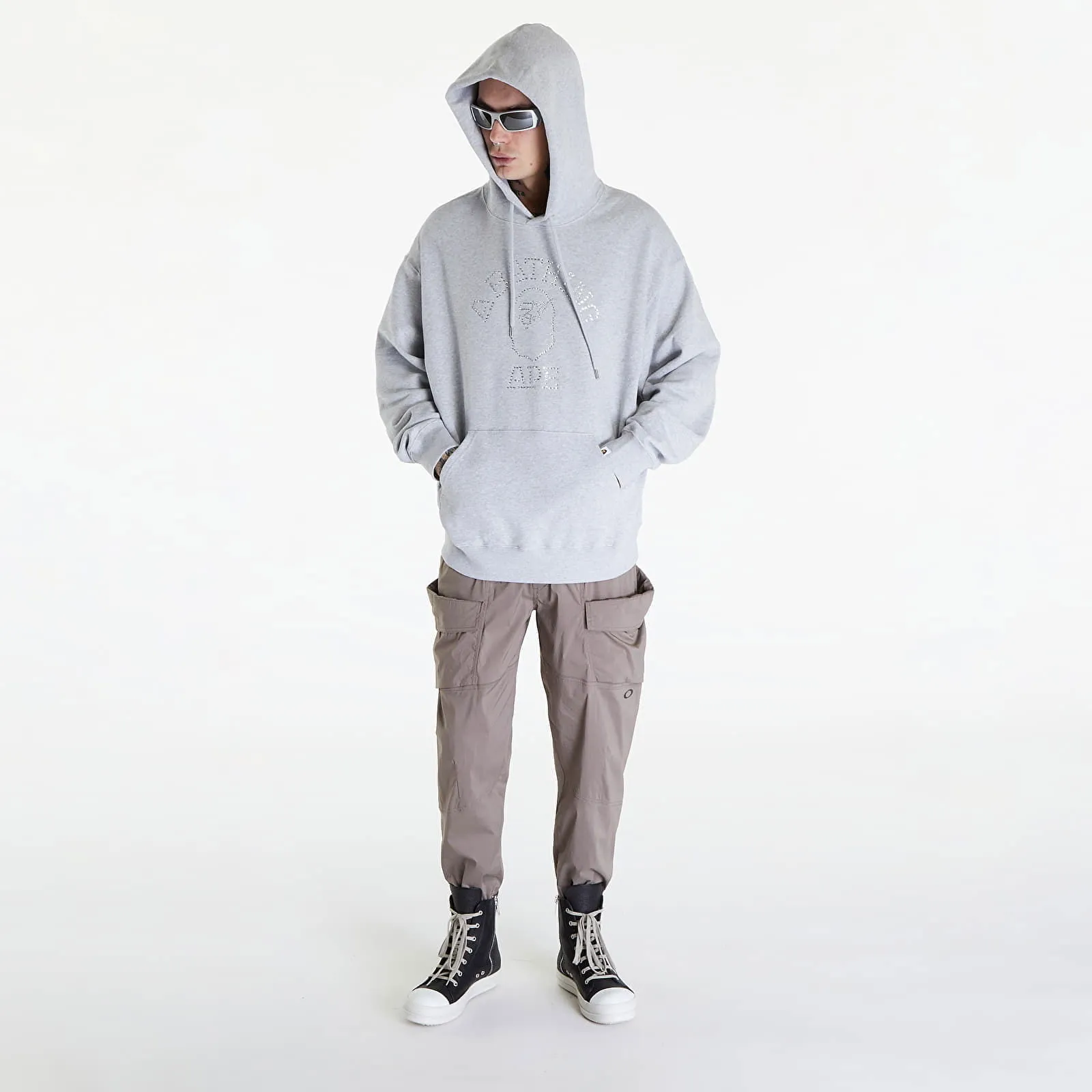 Sweatshirt BAPE A BATHING APE Rhinestone College Pullover Hoodie Gray 001PPK301306M GRA